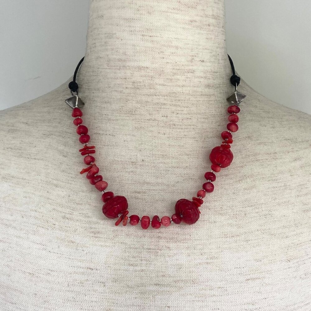 Signed Peyote Bird Sterling Silver 925 Beaded Red Red Coral Necklace 17